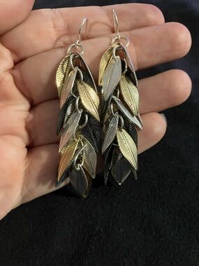 Tri-Tone Leaf Dangle Earrings - Gold, Silver & Black